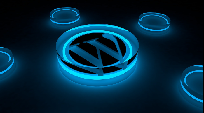 WordPress logo in blue ring on a black background.