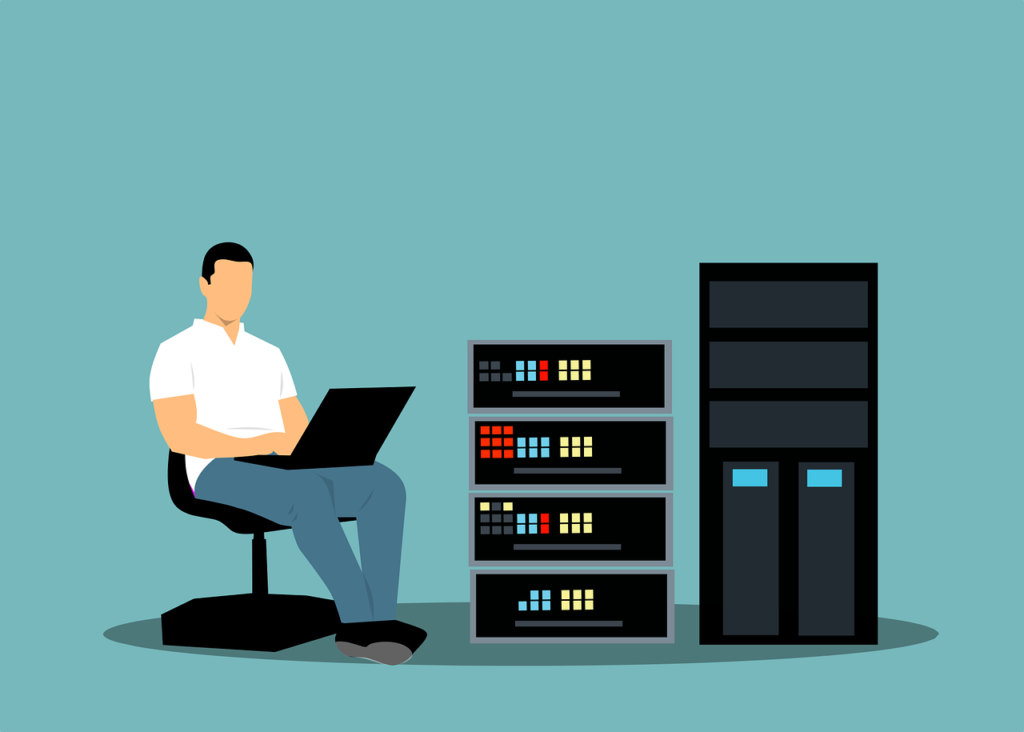 Website graphic of man sat on a laptop next to website servers.