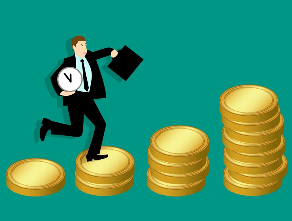 Website graphic of man climbing up coins holding a clock and a briefcase.