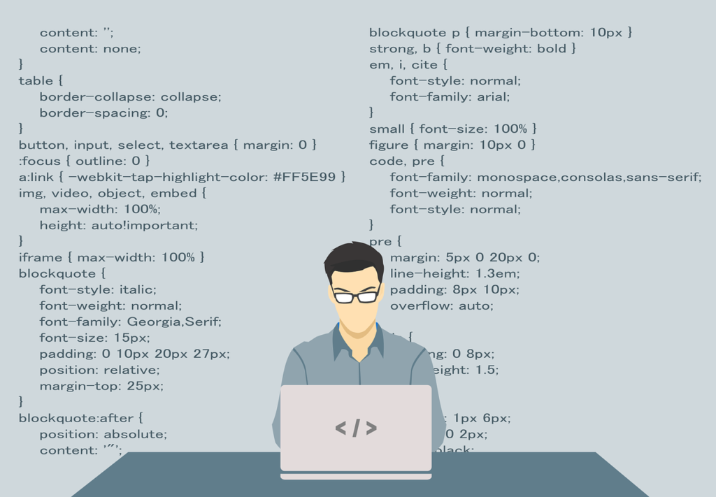 Website graphic with a man sat at a desk on his laptop. Grey background with coded language across it.
