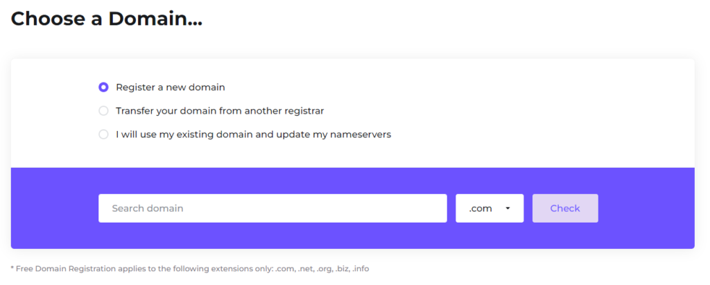 Screenshot of the WebPower checkout process for choosing a domain name.