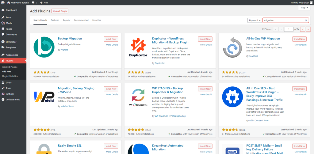 Screenshot of WordPress dashboard displaying migration plugins. 