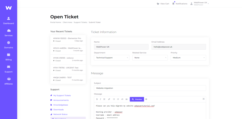 Screenshot of the WebPower dashboard "open a ticket" page. 