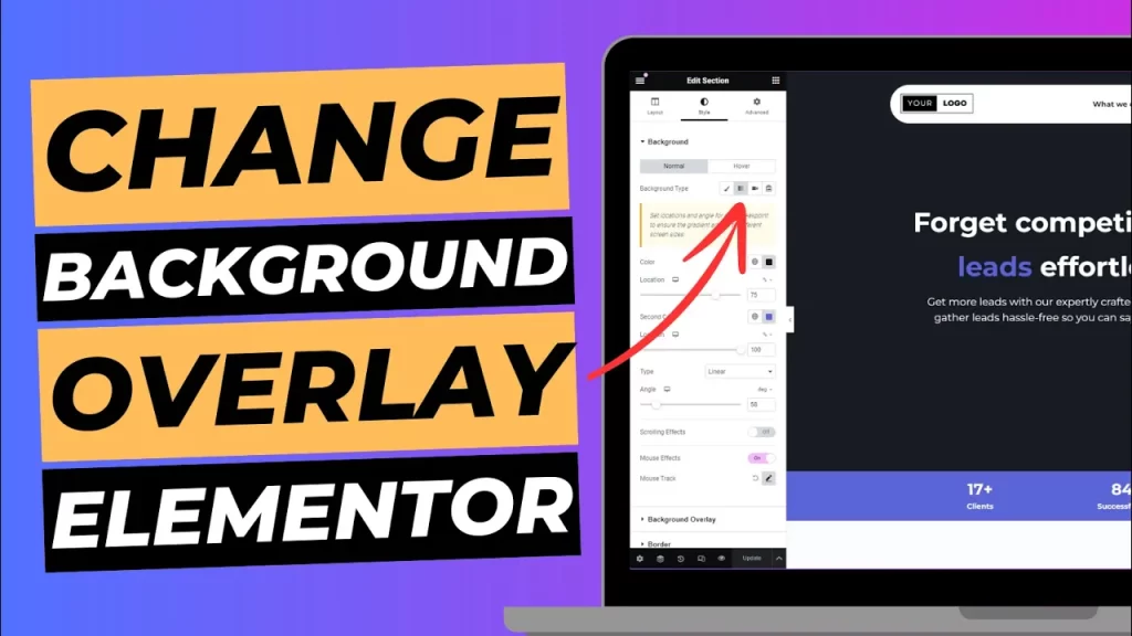 Blog cover image with laptop screen showing Elementor editor, titled "Change background overlay Elementor".