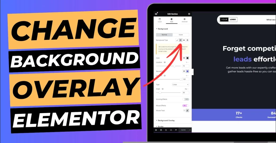 Blog cover image with laptop screen showing Elementor editor, titled "Change background overlay Elementor".