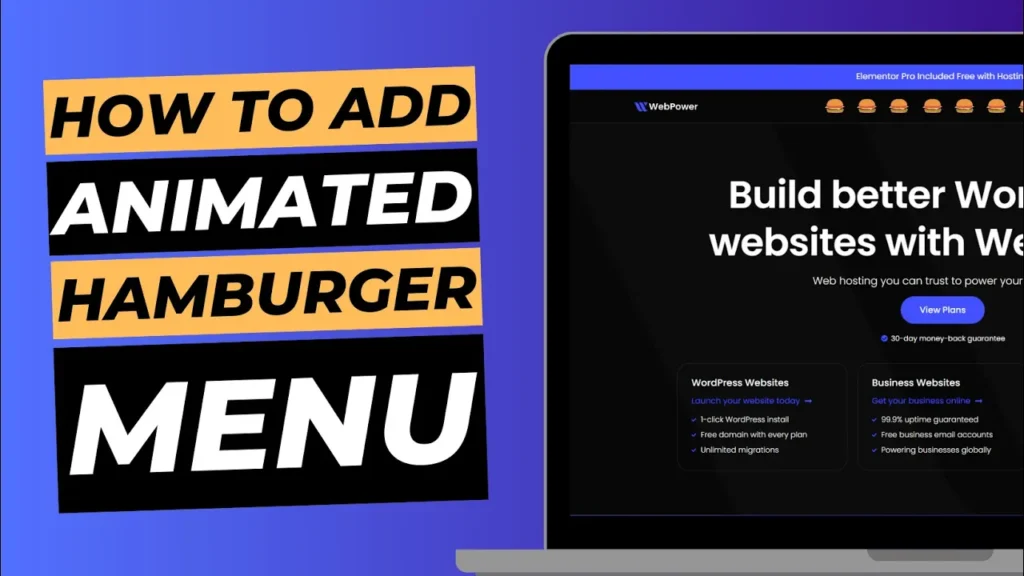 Blog cover image with laptop screen showing WebPower website, titled "How to add animated hamburger menu".