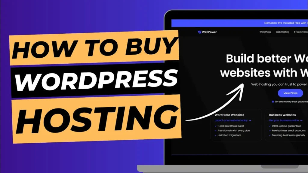 Blog cover image with a laptop on it showing the WebPower homepage and titled "How to buy WordPress Hosting"