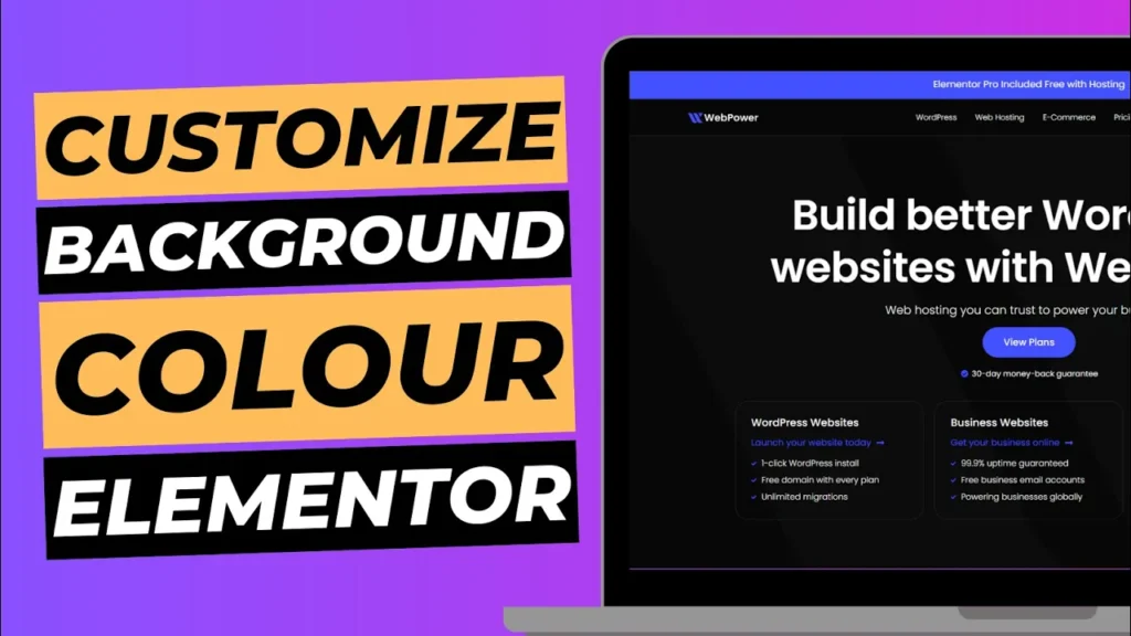 Blog cover image with laptop screen showing WebPower homepage, titled "customize background colour Elementor".