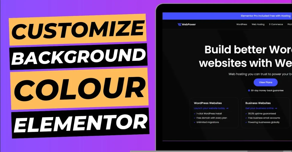 Blog cover image with laptop screen showing WebPower homepage, titled "customize background colour Elementor".