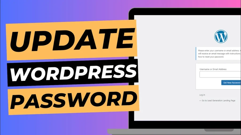 Blog cover image with laptop screen showing WordPress login page, titled "update WordPress password".