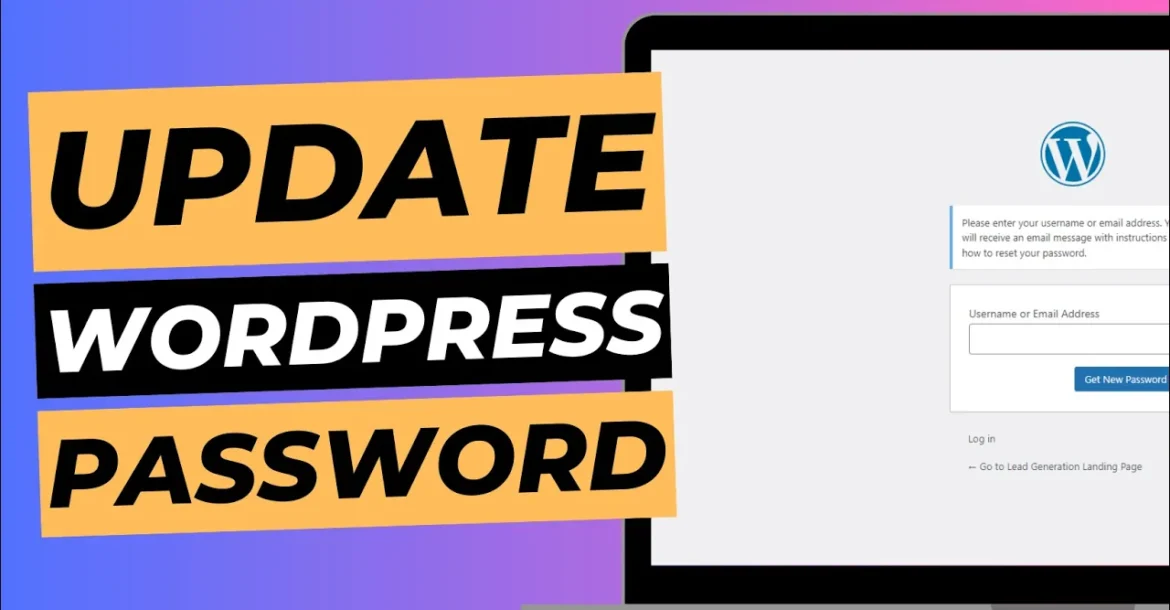 Blog cover image with laptop screen showing WordPress login page, titled "update WordPress password".