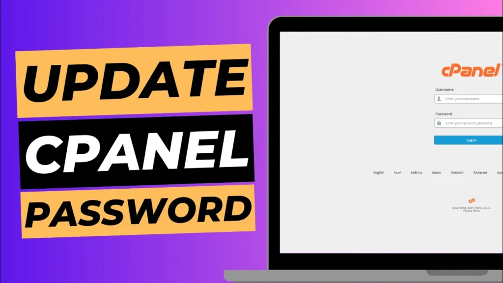 Blog cover image with laptop screen showing cPanel login, titled "update cPanel password".