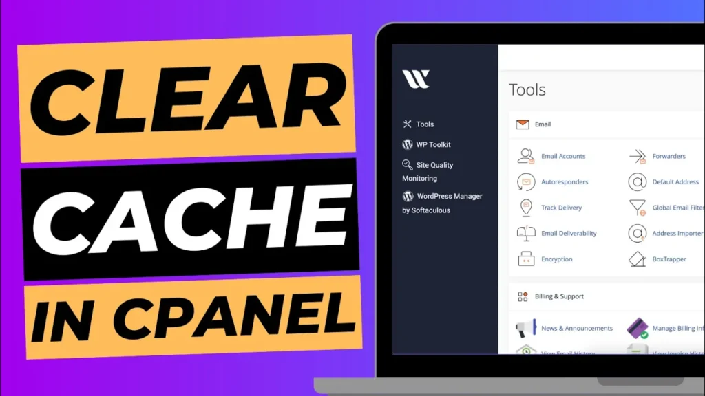 Blog cover image with laptop screen showing cPanel, titled "Clear cache in cPanel".