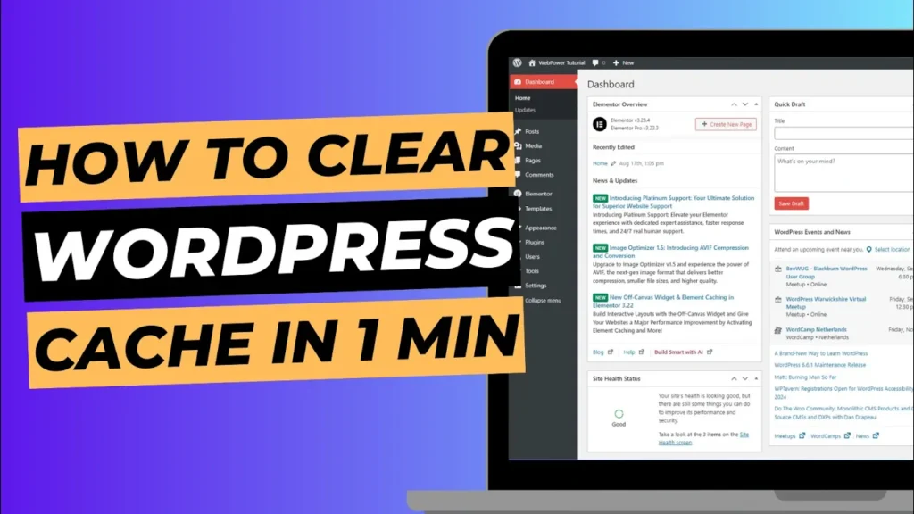 Blog cover image with laptop screen showing WordPress dashboard, titled "How to clear WordPress cache in 1 min".