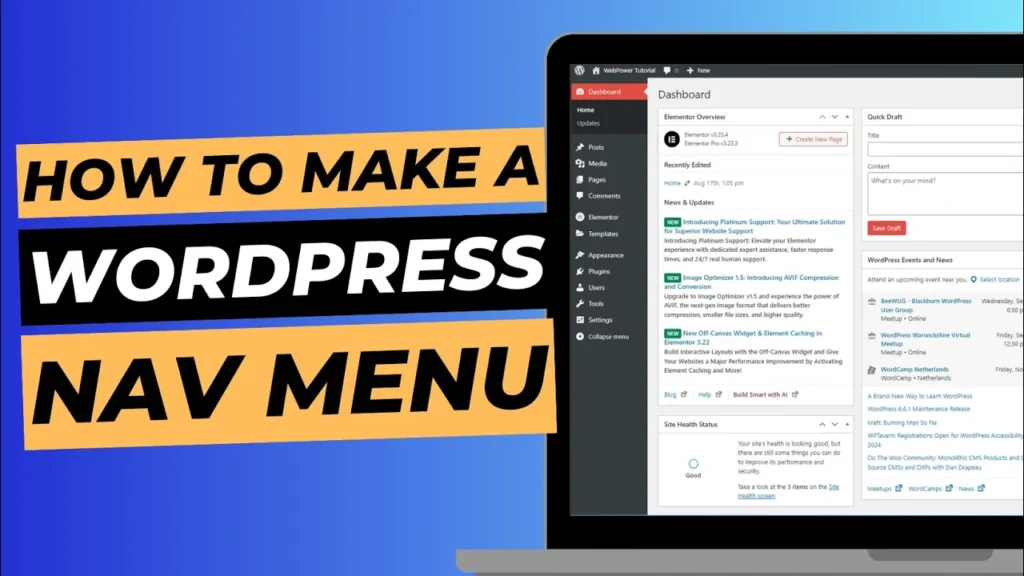 Blog cover image with laptop screen showing WordPress dashboard, titled "How to make a WordPress nav menu".