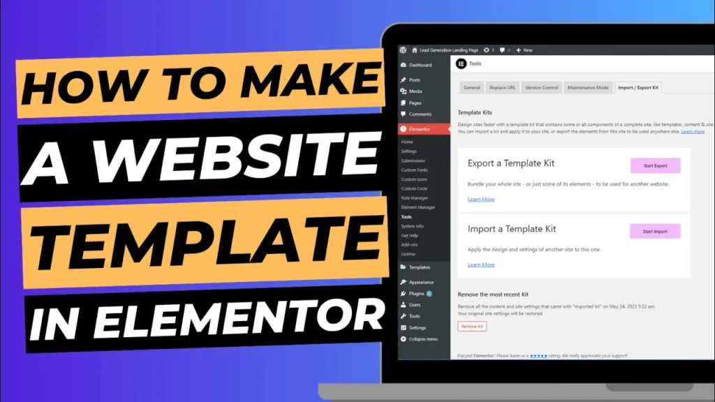 Blog cover image with laptop screen showing WordPress dashboard, titled "How to make a website template in elementor".