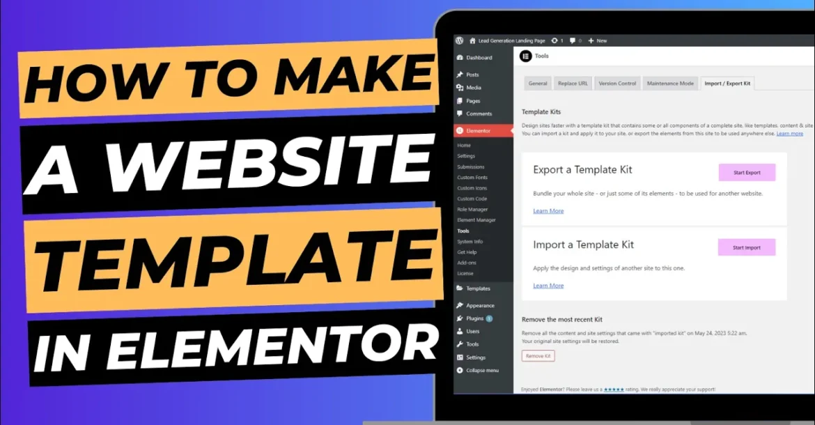 Blog cover image with laptop screen showing WordPress dashboard, titled "How to make a website template in elementor".