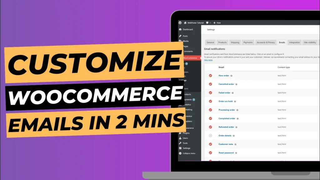 Blog cover image with laptop screen showing WordPress dashboard, titled "Customize WooCommerce emails in 2 mins".
