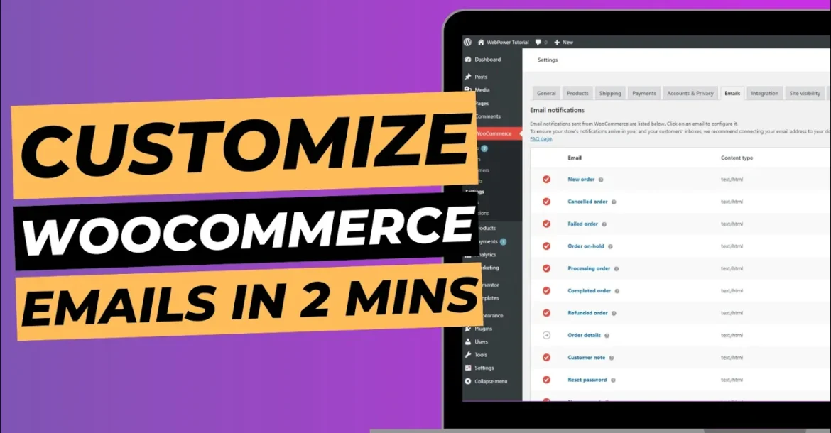 Blog cover image with laptop screen showing WordPress dashboard, titled "Customize WooCommerce emails in 2 mins".