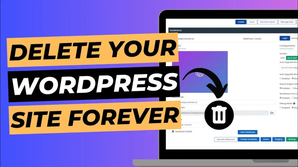 Blog cover image with laptop screen showing Softaculous Installer, titled "Delete your WordPress site forever".