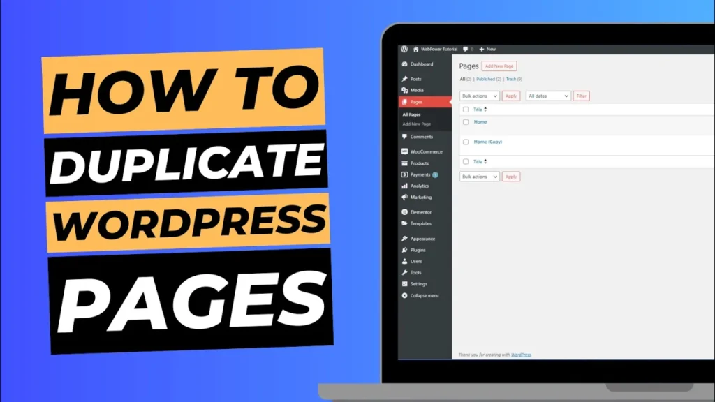 Blog cover image with laptop screen showing WordPress dashboard, titled "How to duplicate WordPress pages".