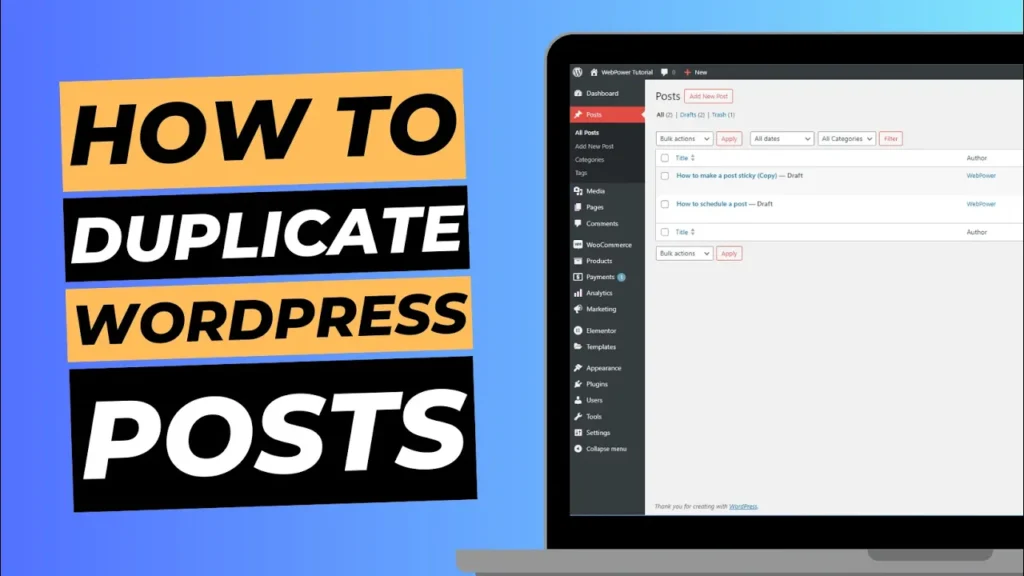 Blog cover image with laptop screen showing WordPress dashboard, titled "How to duplicate WordPress posts".