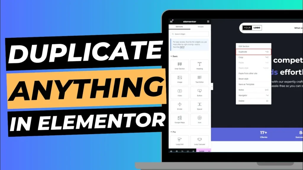 Blog cover image with laptop screen showing Elementor Editor, titled "Duplicate anything in Elementor".