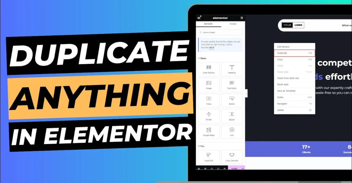 Blog cover image with laptop screen showing Elementor Editor, titled "Duplicate anything in Elementor".