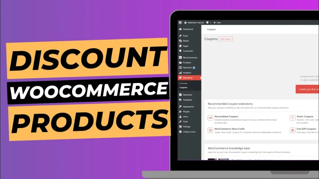 Blog cover image with laptop screen showing WordPress dashboard, titled "discount WooCommerce products".