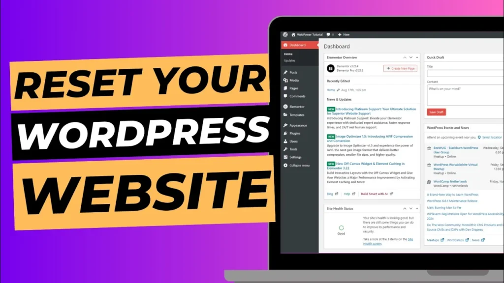 Blog cover image with laptop screen showing WordPress dashboard, titled "reset your WordPress website.".