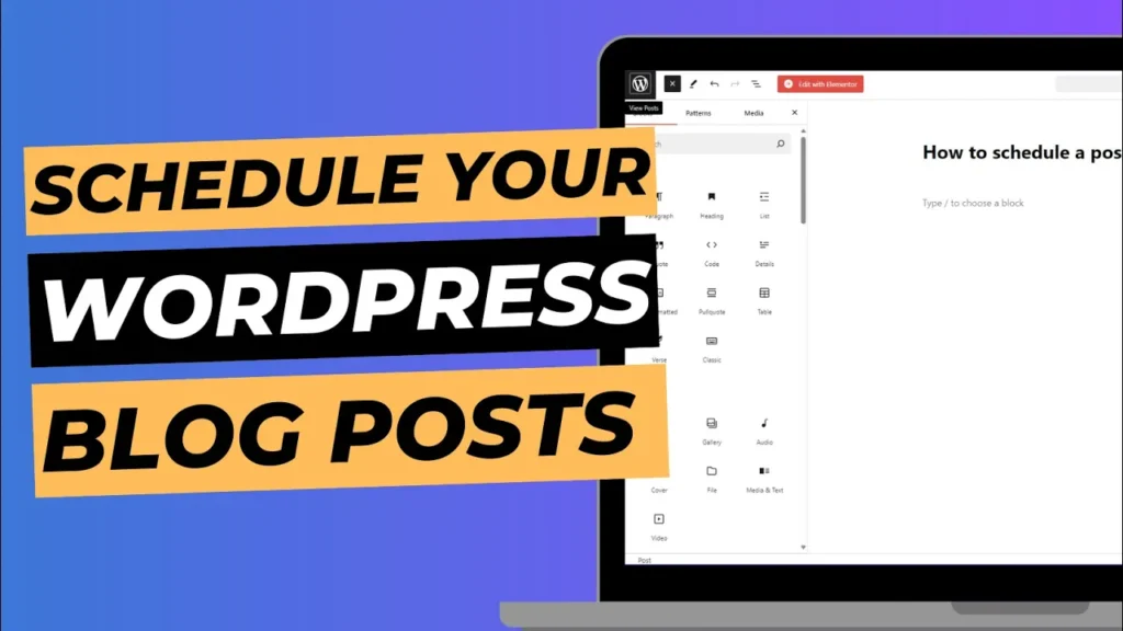Blog cover image with laptop screen showing WordPress posts page, titled "Schedule your WordPress blog posts".