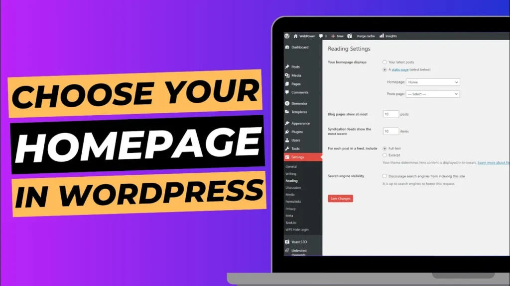 Blog cover image with laptop screen showing WordPress dashboard, titled "Choose your homepage in WordPress".