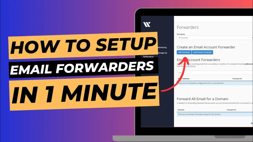 Blog cover image with laptop screen showing cPanel, titled "How to setup email forwarders in 1 minute".