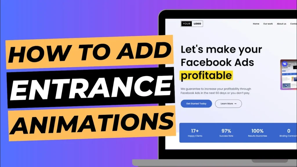 Blog cover image with laptop screen showing demo site, titled "how to add entrance animations".