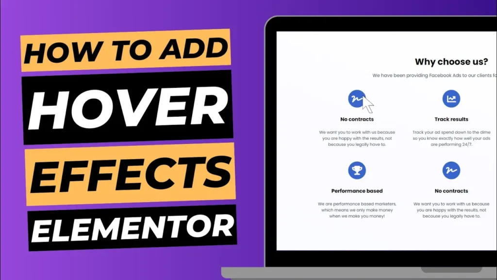 Blog cover image with laptop screen showing demo site, titled "how to add hover effects elementor".