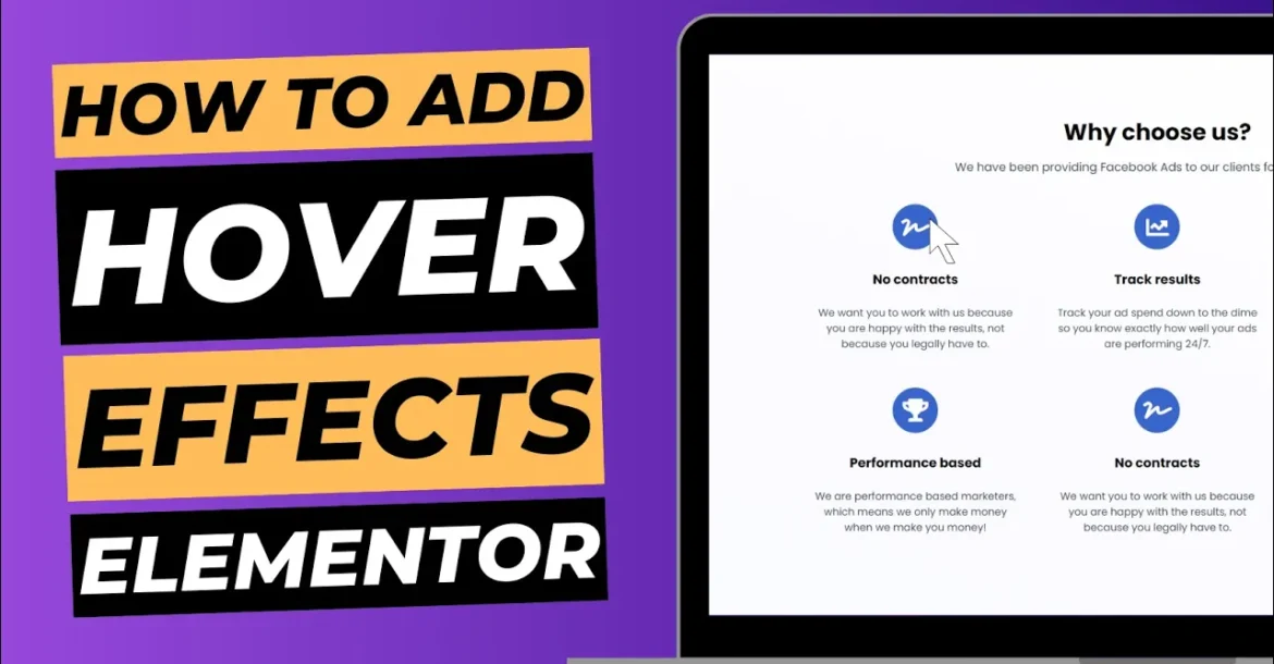 Blog cover image with laptop screen showing demo site, titled "how to add hover effects elementor".