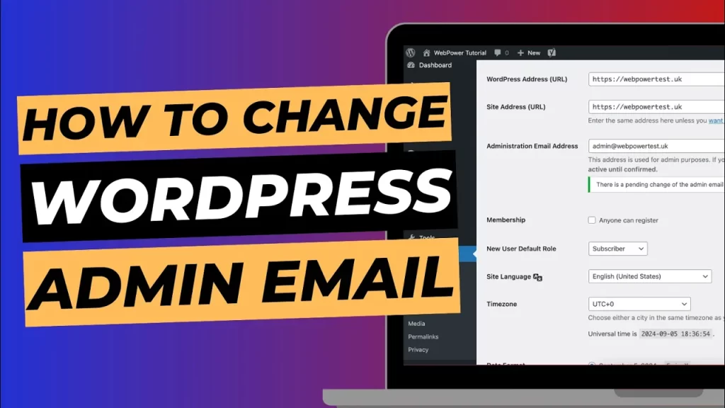 Blog cover image with laptop screen showing WordPress dashboard, titled "How to change WordPress admin email".