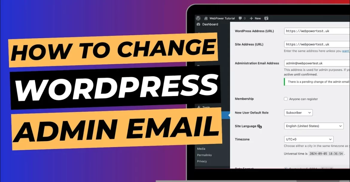Blog cover image with laptop screen showing WordPress dashboard, titled "How to change WordPress admin email".