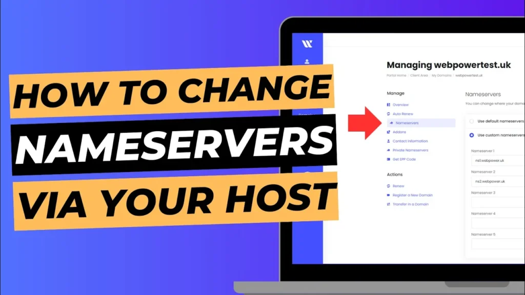 Blog cover image with laptop screen showing WebPower dashboard, titled "How to change nameservers via your host".