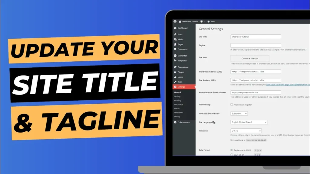 Blog cover image with laptop screen showing WordPress dashboard, titled "Update your site title & tagline".