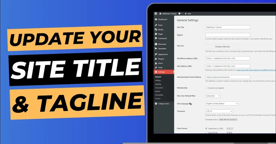 Blog cover image with laptop screen showing WordPress dashboard, titled "Update your site title & tagline".