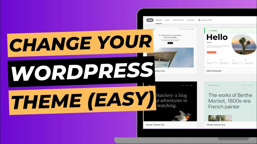 Blog cover image with laptop screen showing WordPress dashboard themes tab, titled "change your WordPress theme (easy)".