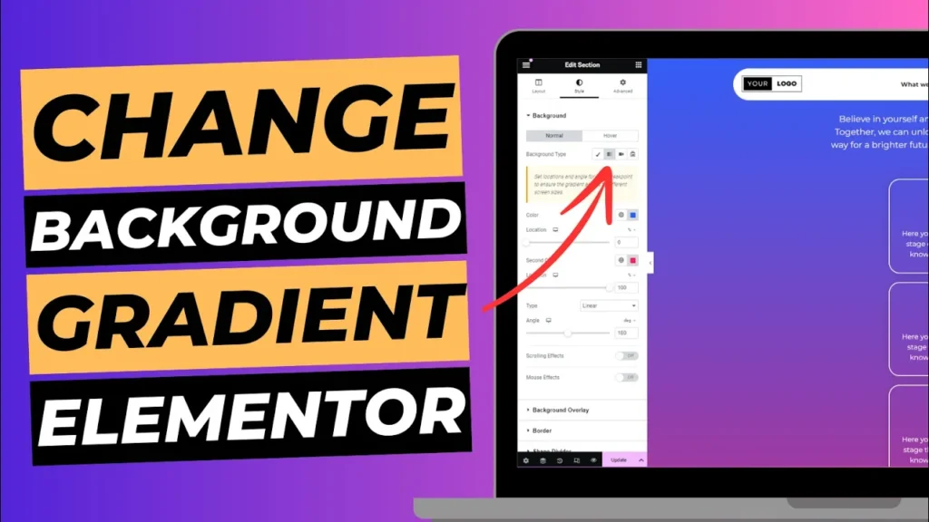 Blog cover image with laptop screen showing Elementor editor, titled "change background gradient elementor".