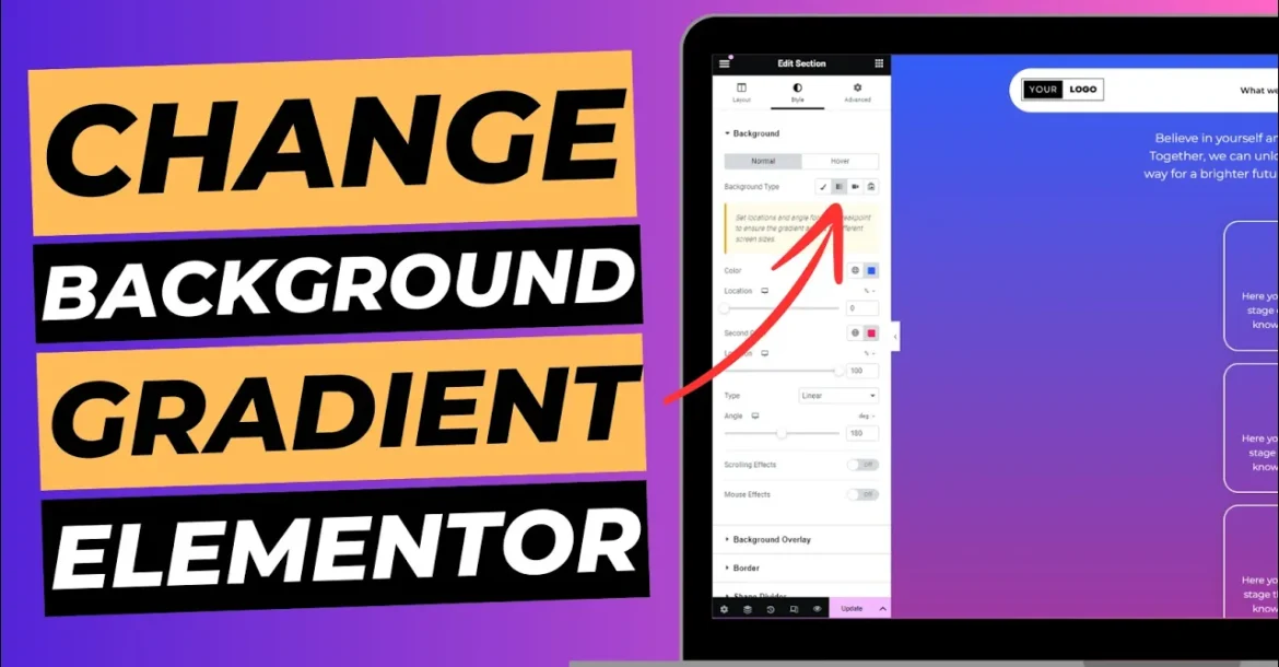 Blog cover image with laptop screen showing Elementor editor, titled "change background gradient elementor".