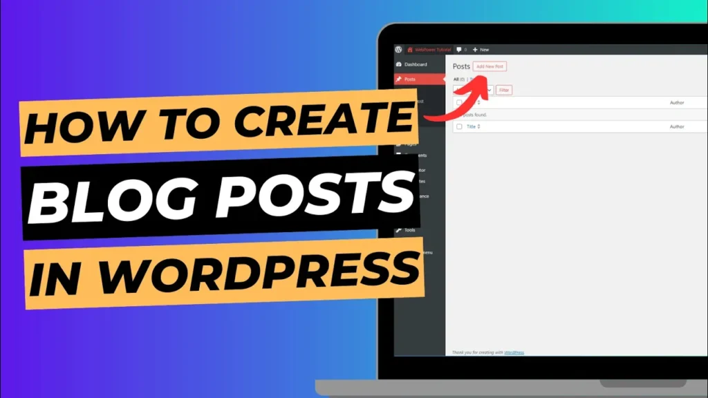 Blog cover image with laptop screen showing WordPress dashboard, titled "How to create blog posts in WordPress".