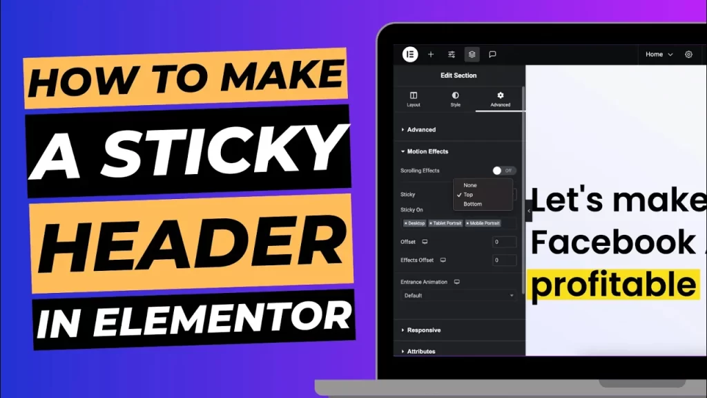 Blog cover image with laptop screen showing Elementor Editor, titled "How to make a sticky header in Elementor".