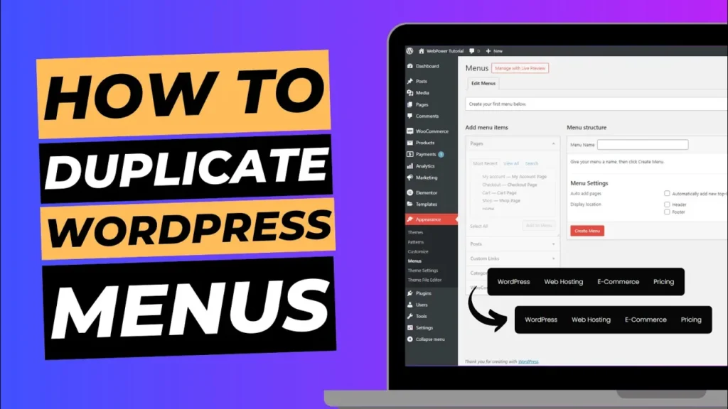 Blog cover image with laptop screen showing WordPress dashboard, titled "How to duplicate WordPress menus".