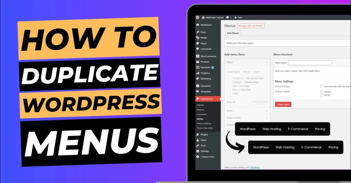 Blog cover image with laptop screen showing WordPress dashboard, titled "How to duplicate WordPress menus".