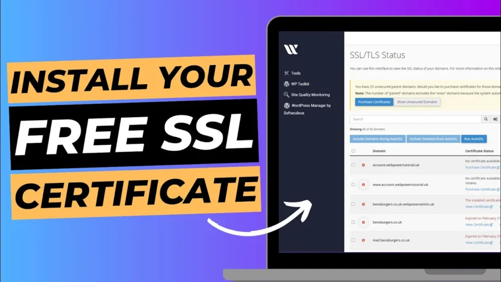 Title image with a laptop screen containing the SSL status tab in cPanel and the heading next to it reading "Install Your Free SSL Certificate".