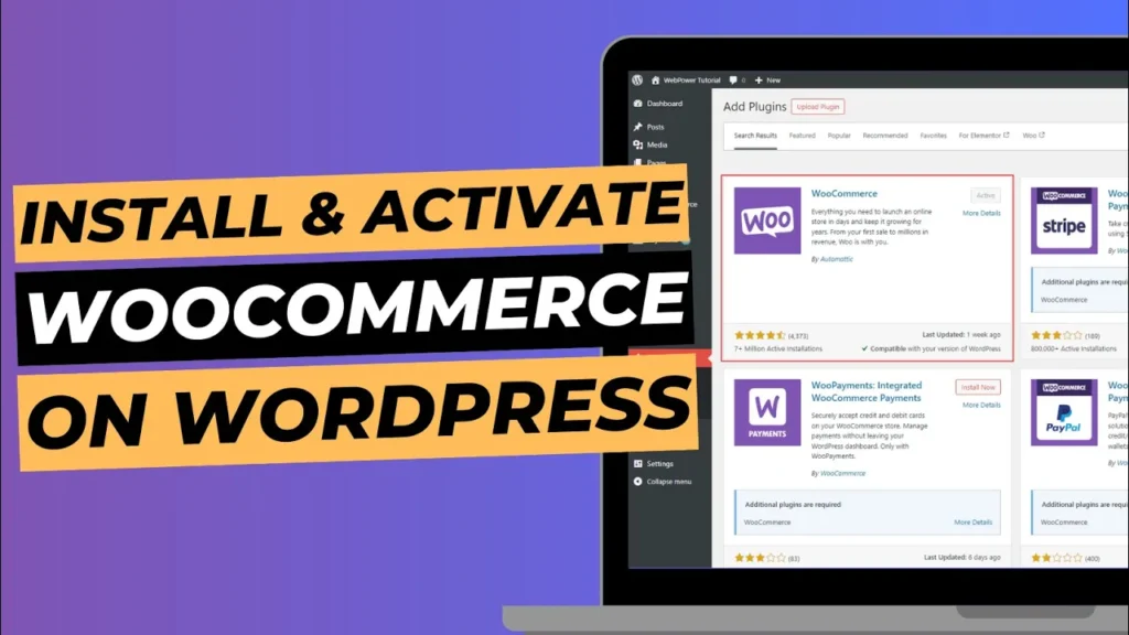 Blog cover image with laptop screen showing WordPress plugins page, titled "Install & activate WooCommerce on WordPress".